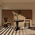 Leisure Chair With Green Cushion In Room With Sunlight Blinds Light Shadows And Round Table