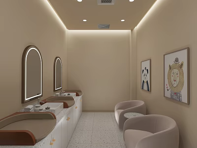 Beige Salon Interior With Illuminated Mirrors Washbasins Armchairs And Artworks 3d model