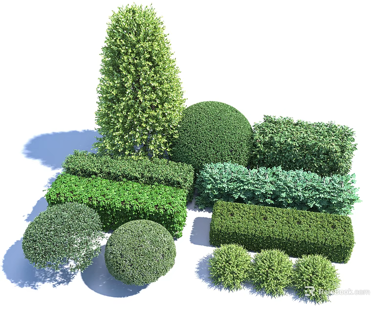 Different Shapes And Sizes Of Trimmed Green Garden Shrubs For Landscaping Use 3d model 