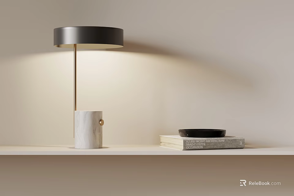 Table Lamp With Marble Base Golden Rod Black Lampshade On Shelf With Books And Plate 3d model 