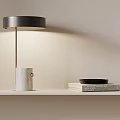 Table Lamp With Marble Base Golden Rod Black Lampshade On Shelf With Books And Plate