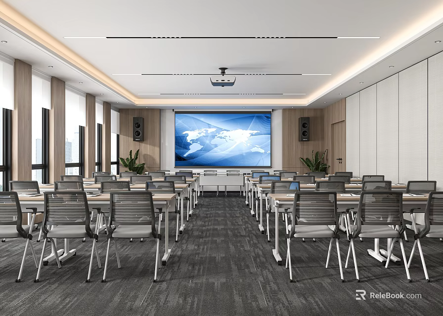 Modern Meeting Room Interior With Projector Screen World Map Tables And Chairs 3d model 