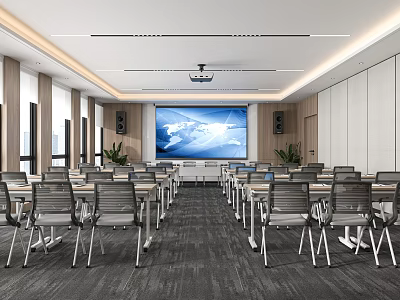 Modern Meeting Room Interior With Projector Screen World Map Tables And Chairs 3d model