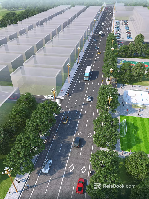 Urban Road Facilities With Vehicles Pedestrians Sidewalks Street Lighting Trees And Soccer Field 3d model 