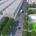 Urban Road Facilities With Vehicles Pedestrians Sidewalks Street Lighting Trees And Soccer Field