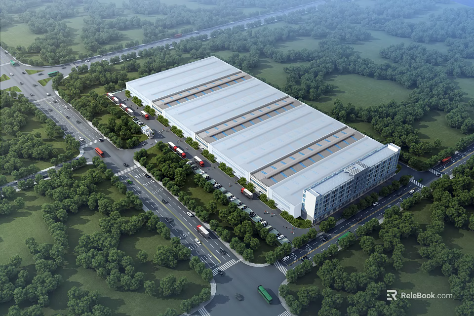 Industrial Factory Building With Large Metal Roof Surrounded By Greenery Parking Area And Roads 3d model 