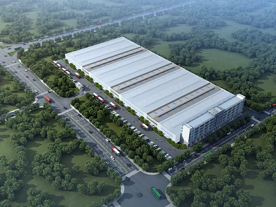 Industrial Factory Building With Large Metal Roof Surrounded By Greenery Parking Area And Roads 3d model