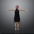 A woman with pink hair in black dress arms outstretched against gray background
