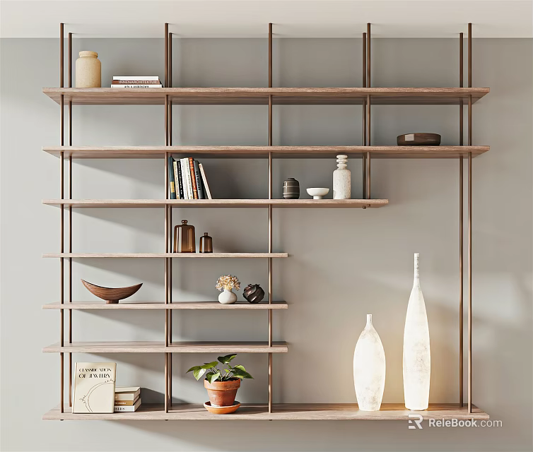 Modern Wooden Bookcase Featuring Shelves Books Vases Potted Plant And Decorative Items 3d model 