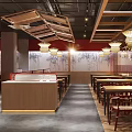 Modern Restaurant Interior With Wooden Ceiling Red Walls Pendant Lights And Dining Areas