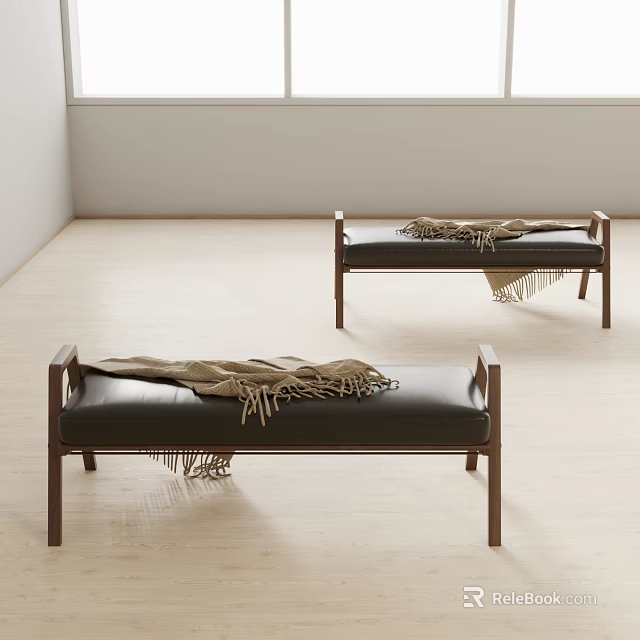 Bench With Wooden Frame Black Leather Seat And Brown Blanket On Light Floor White Wall 3d model 