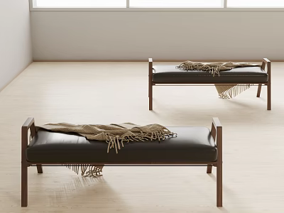 Bench With Wooden Frame Black Leather Seat And Brown Blanket On Light Floor White Wall 3d model