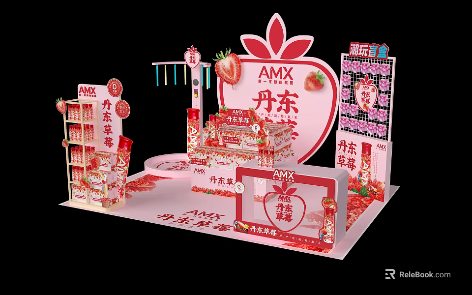 AMX Dandong Strawberry Exhibition Booth With Red Decor And Product Shelves 3d model 