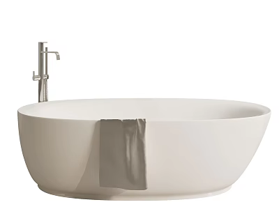 Sleek Freestanding White Bathtub With Silver Faucet And Gray Towel 3d model