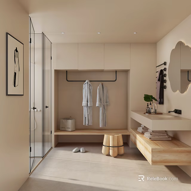 Modern Bathroom Interior With Glass Shower Beige Cabinets Hanging Robes Wooden Bench And Green Plant 3d model 