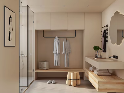 Modern Bathroom Interior With Glass Shower Beige Cabinets Hanging Robes Wooden Bench And Green Plant 3d model