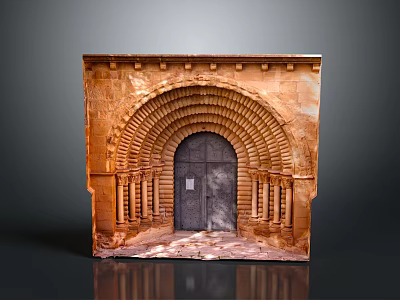 Ancient Stone Archway Entrance with Intricate Carvings Decorative Columns and Wooden Doors 3d model