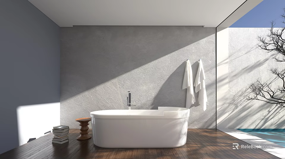 Modern Bathroom Interior With White Bathtub Wooden Floor And Towels 3d model 