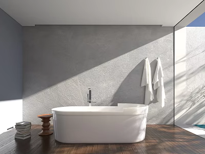 Modern Bathroom Interior With White Bathtub Wooden Floor And Towels 3d model