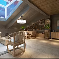 Clubhouse Mahjong Room With Turquoise Walls Wooden Ceiling Framed Paintings And Geometric Chandeliers