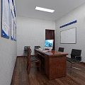Office Corridor Interior With Wooden Flooring Desk Chair Wall Posters TV Screen And Ceiling Lights
