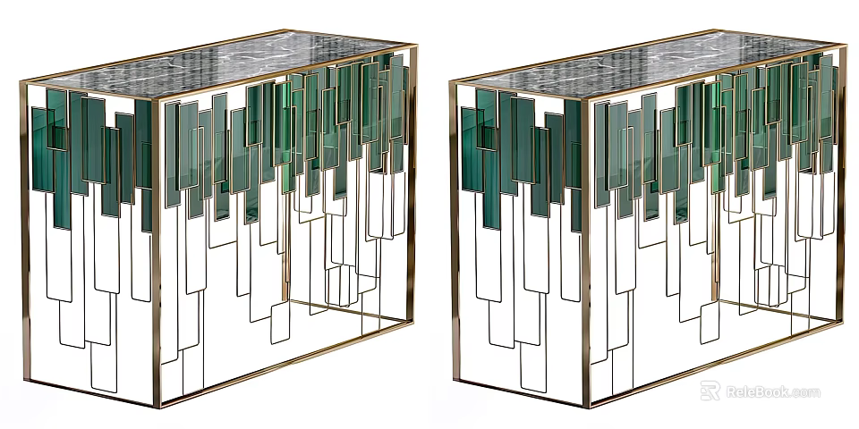 Modern Console Table With Geometric Green And White Glass Panels And Metal Frame 3d model 