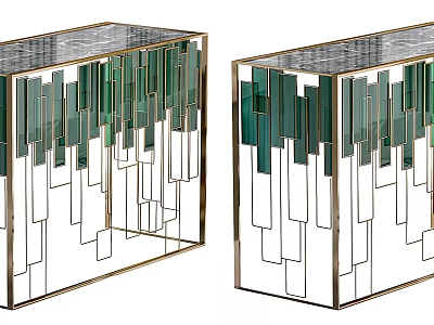 Modern Console Table With Geometric Green And White Glass Panels And Metal Frame 3d model