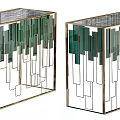 Modern Console Table With Geometric Green And White Glass Panels And Metal Frame