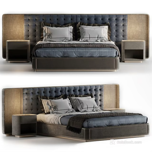 Modern Double Bed With Tufted Headboard Plush Pillows And Bedside Nightstands 3d model