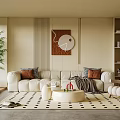 Modern Living Room With White Sofa Brown Pillows Coffee Table Green Plant And Geometric Rug