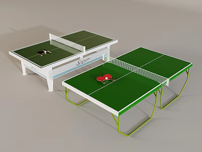 Table Tennis Tables Sports Equipment With Green Surface White Frame Red Paddles Balls And Net 3d model