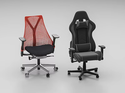 Red Mesh Office Chair and Black Gaming Chair with Wheels and Adjustable Arms 3d model