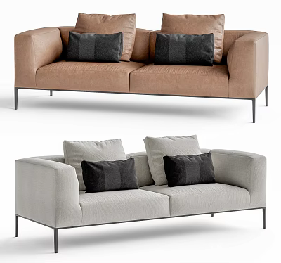 Modern Minimalist Two Seater Sofa in Beige and Light Gray with Black Cushions and Metal Legs 3d model