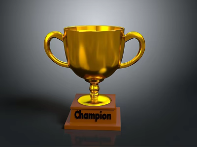Golden Champion Trophy With Engraved Text On Wooden Base And Shiny Surface 3d model