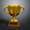 Golden Champion Trophy With Engraved Text On Wooden Base And Shiny Surface