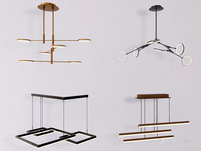 Modern Chandelier Designs Featuring Linear Metal And Circular Wooden Frame Structures 3d model
