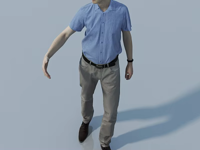 Man Walking In Blue Short Sleeved Shirt Black Belt Khaki Pants On Light Blue Background 3d model