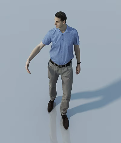 Man Walking In Blue Short Sleeved Shirt Black Belt Khaki Pants On Light Blue Background 3d model