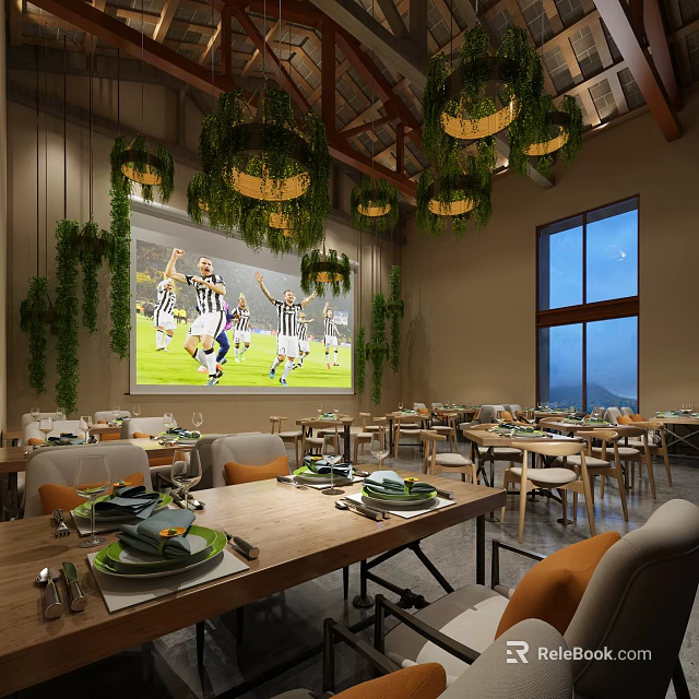 Restaurant Interior Featuring Hanging Greenery Lights Large Football Screen And Mountain View Dining Tables 3d model 