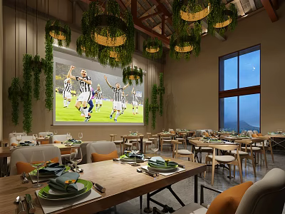Restaurant Interior Featuring Hanging Greenery Lights Large Football Screen And Mountain View Dining Tables 3d model