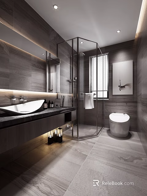 Modern Bathroom Interior Design With Luxury Toilet Glass Shower Area Marble Vanity And Ambient Lighting 3d model 