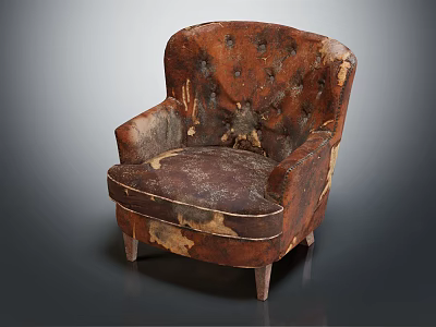 Vintage Brown Single Sofa With Worn Leather Surface And Wooden Legs 3d model