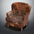 Vintage Brown Single Sofa With Worn Leather Surface And Wooden Legs