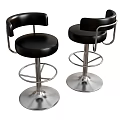 Two Modern Black Leather Bar Stools With Metal Swivel Base And Armrests