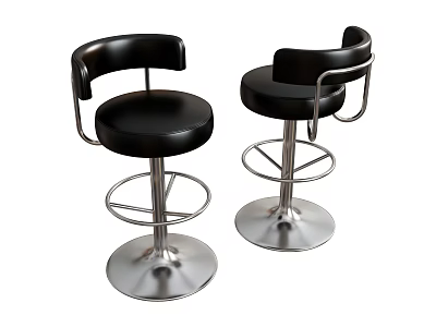 Two Modern Black Leather Bar Stools With Metal Swivel Base And Armrests 3d model