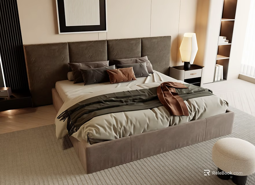 Modern Double Bed With Upholstered Headboard Gray Brown Pillows Layered Blanket And Nightstand Lamp 3d model 