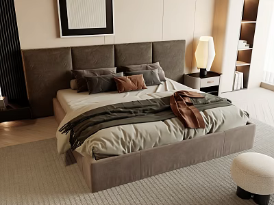 Modern Double Bed With Upholstered Headboard Gray Brown Pillows Layered Blanket And Nightstand Lamp 3d model
