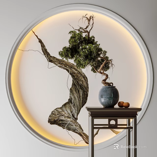 Bonsai Plant with Curved Trunk on Dark Wooden Table in Circular Lighted Background 3d model 