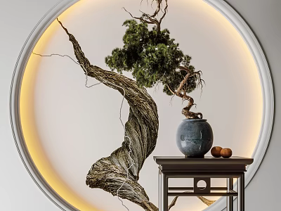 Bonsai Plant with Curved Trunk on Dark Wooden Table in Circular Lighted Background 3d model