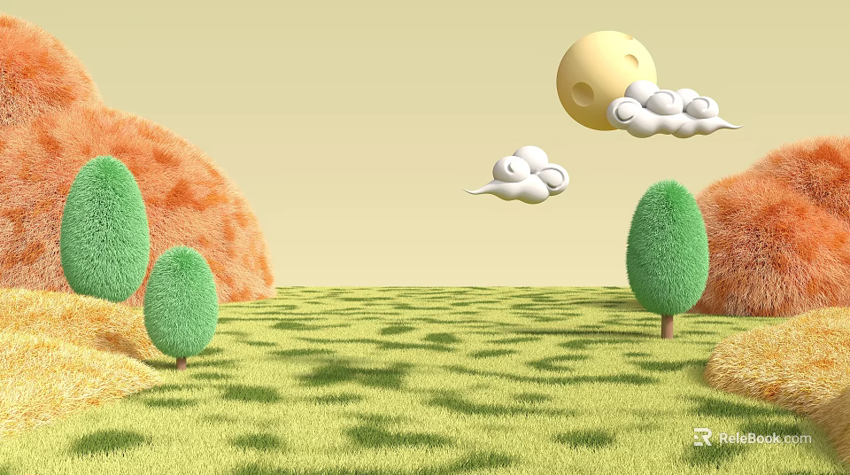 Scenic Natural Landscape With Green Grassland Orange Hills Trees Yellow Moon And White Clouds 3d model 